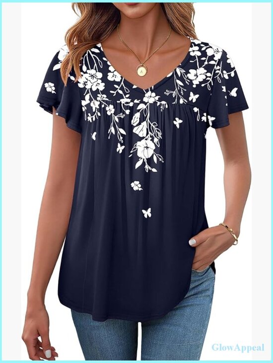 Tops - Ruffle Sleeve V-Neck Tunic Blouse, Polyester Spandex, Work Casual Top